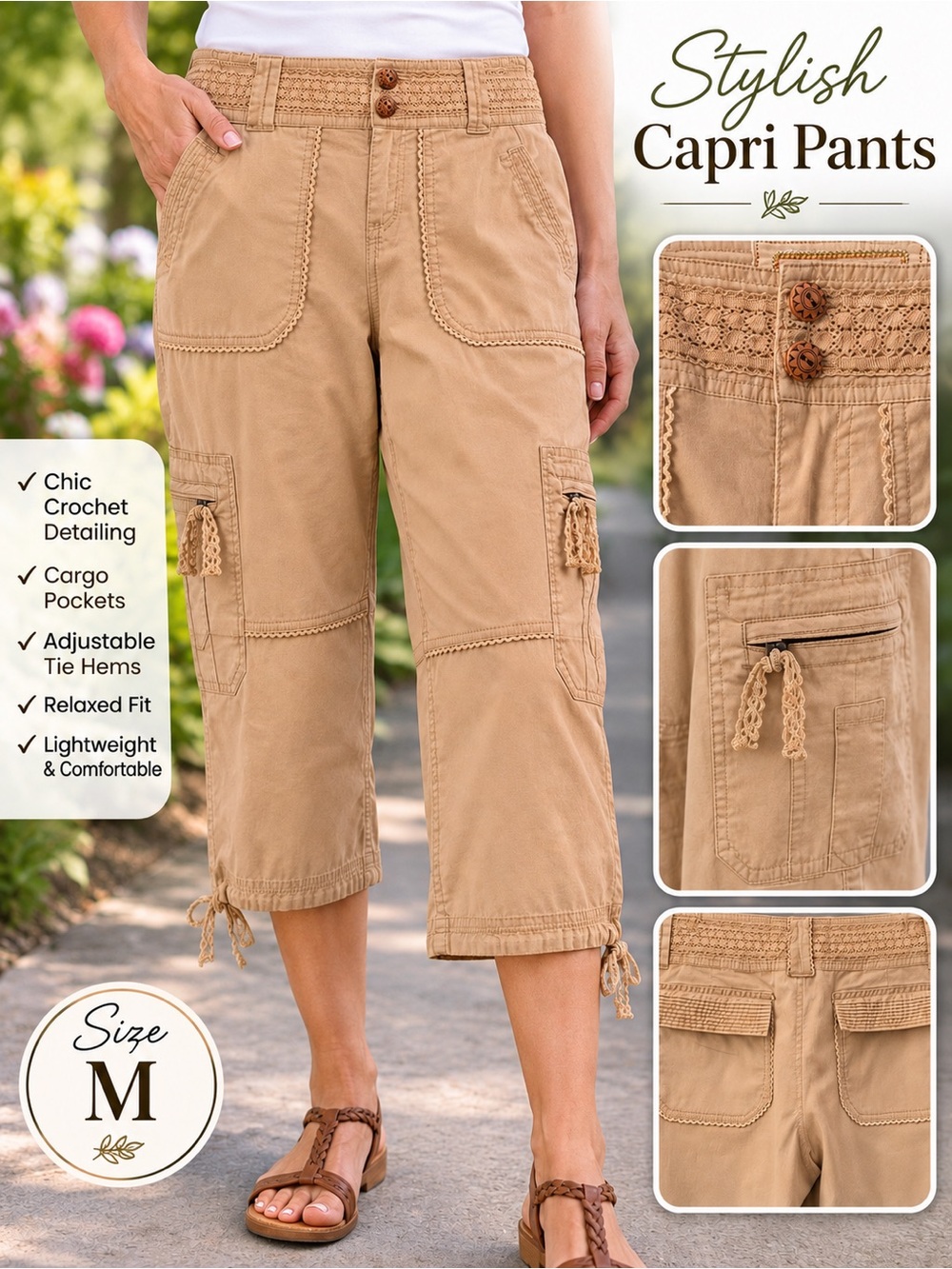 Beige Crochet Trim Cargo Capri Pants | Women’s Med./Large | Lightweight Utility